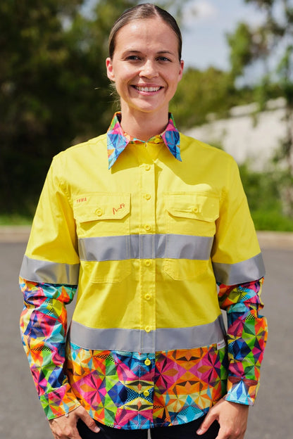Women's Fractal Yellow Day/Night Hi Vis Workshirt - 20638-Y/N-8