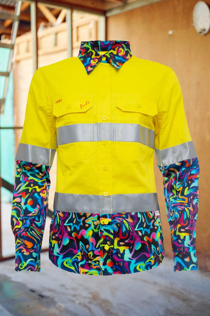 Women's Bonza Yellow Day/Night Hi Vis 2.0 Full Button Work Shirt - 21510-Yellow-16