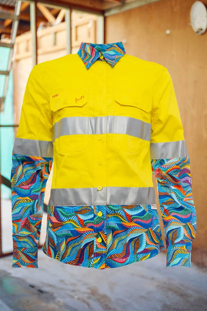 Women's Bonza Yellow Day/Night Hi Vis 2.0 Full Button Work Shirt - 21510-Yellow-16