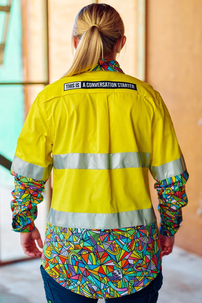 Women's Bonza Yellow Day/Night Hi Vis 2.0 Full Button Work Shirt - 21510-Yellow-16