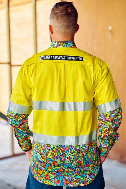 Men's Snazzy Yellow Day/Night Hi Vis 2.0 Full Button Work Shirt - 21647-Yellow-M