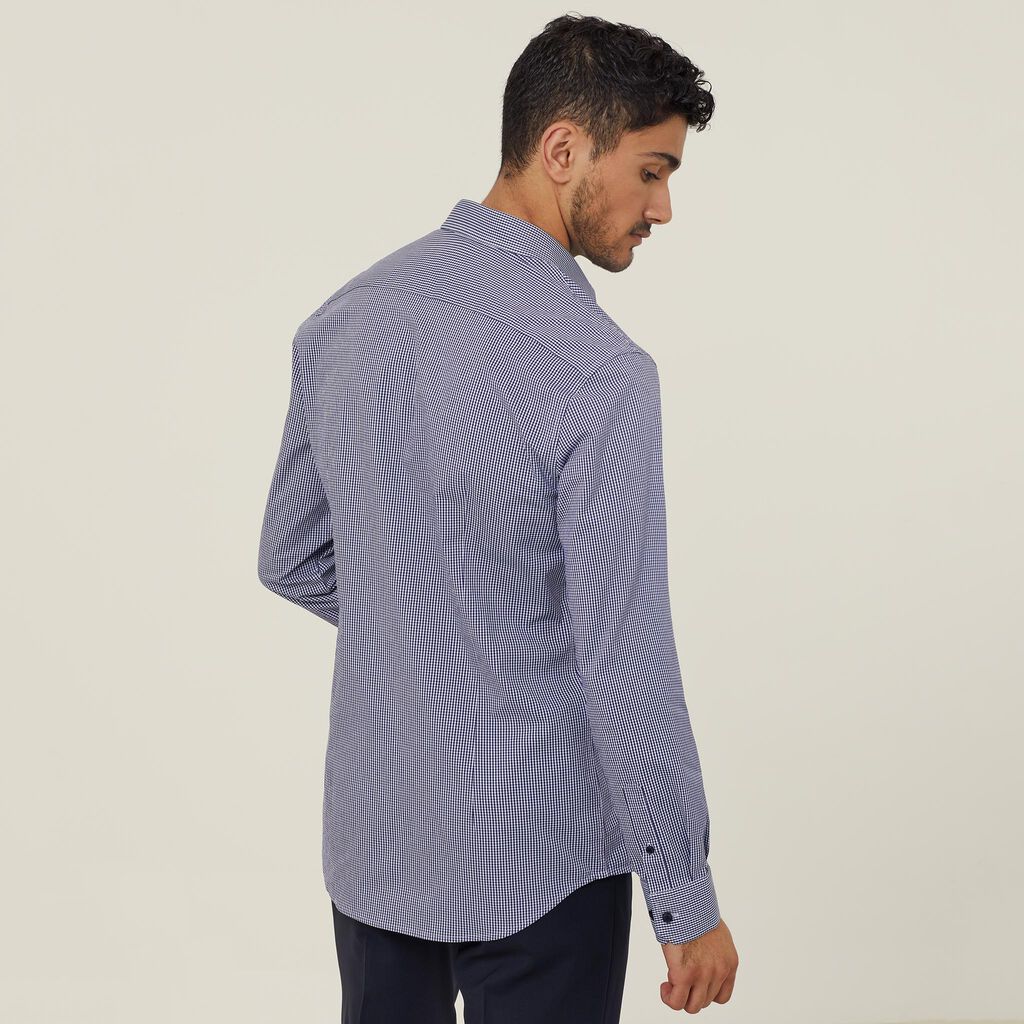 Avignon Gingham Check Stretch Long Sleeve Slim Shirt - CATJDF-Navy/White-43