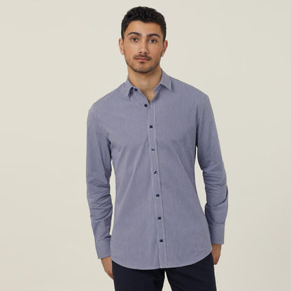 Avignon Gingham Check Stretch Long Sleeve Slim Shirt - CATJDF-Navy/White-43
