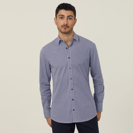 Avignon Gingham Check Stretch Long Sleeve Slim Shirt - CATJDF-Navy/White-43