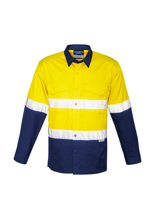 Mens Rugged Cooling Taped HIVIS Spliced Shirt- ZW129-Yellow/Navy-L